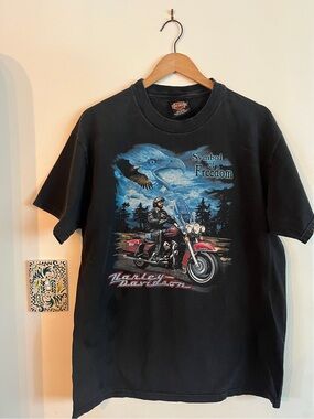 Vintage 1990s Harley-Davidson Black Tee with Red Motorcycle & Blue Eagle Graphic